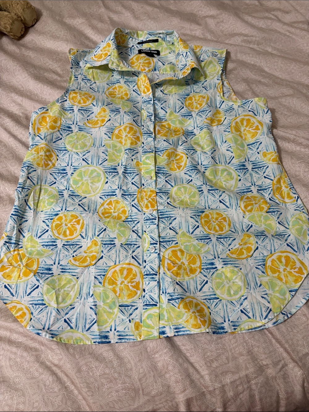 Lands' End Sleeveless Citrus Button-Front Top in Yellow & Green
